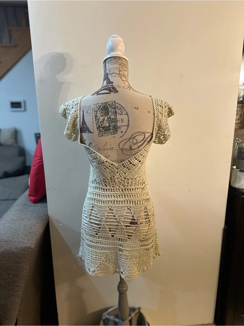 Cream Crochet V-Neck Swim Coverup Dress